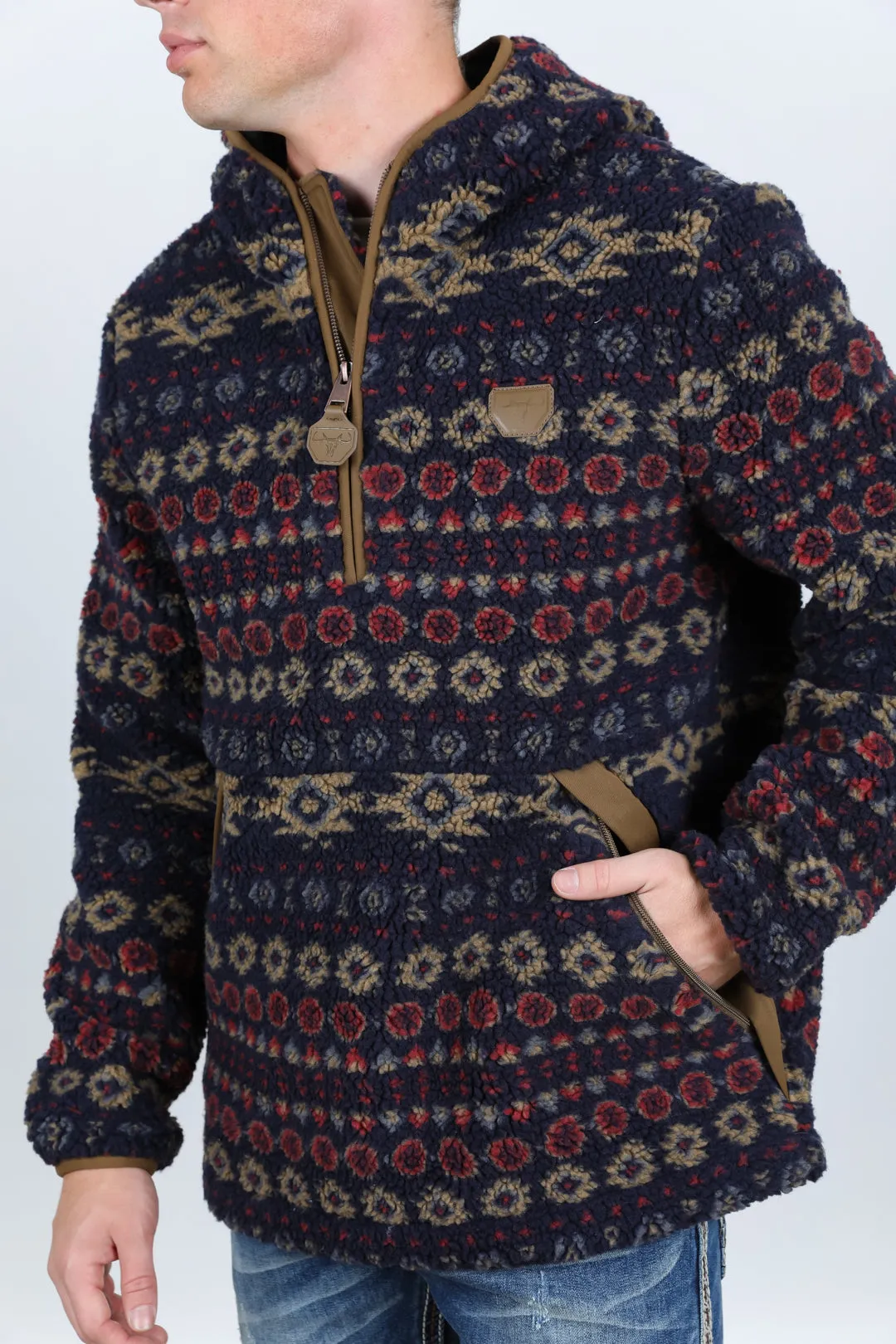 Mens Aztec Sherpa Hooded Pullover - Navy