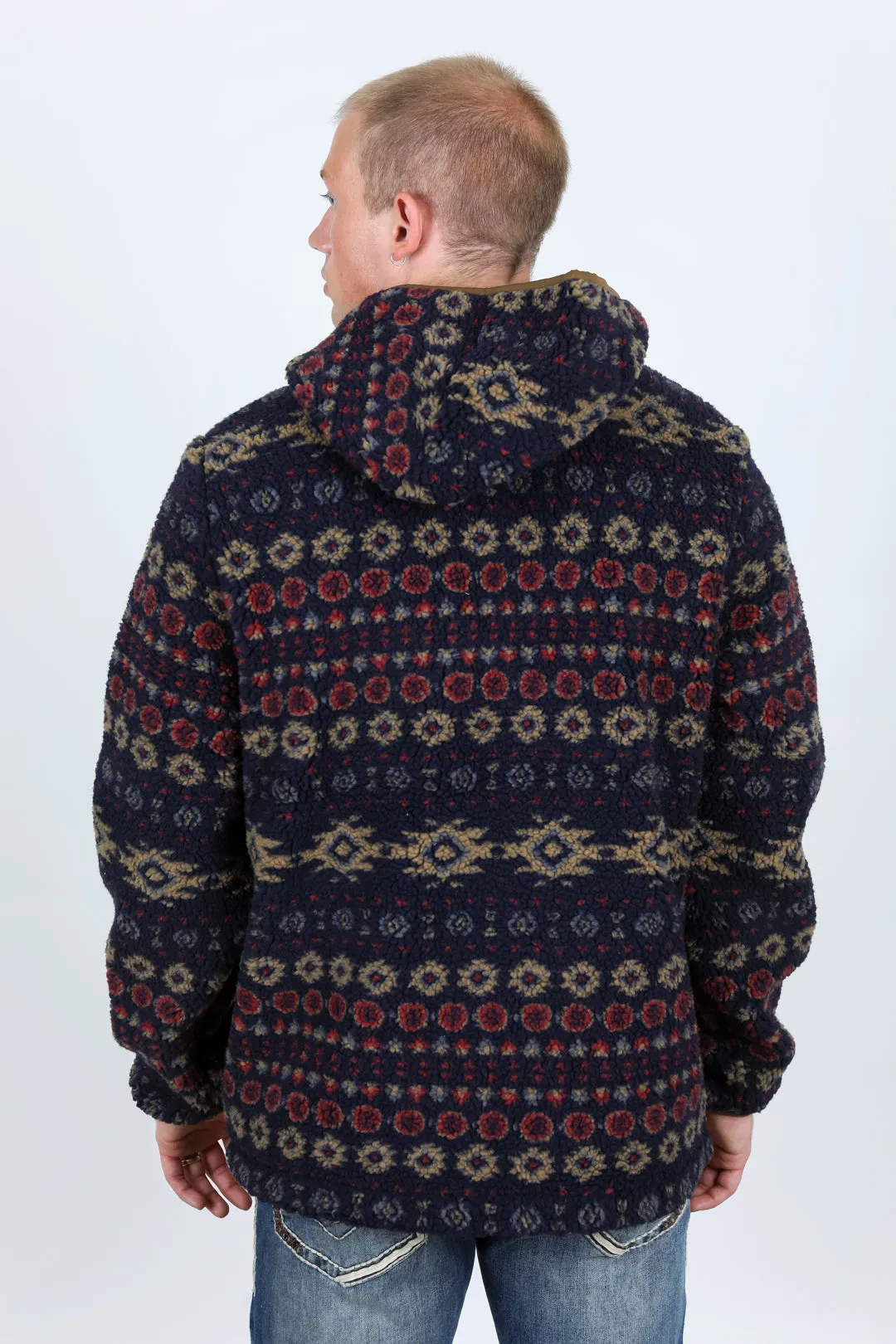 Mens Aztec Sherpa Hooded Pullover - Navy