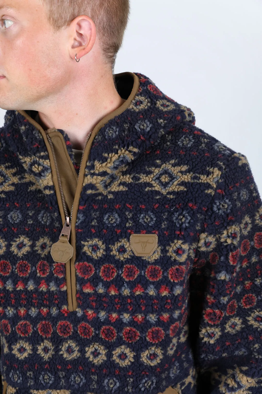 Mens Aztec Sherpa Hooded Pullover - Navy