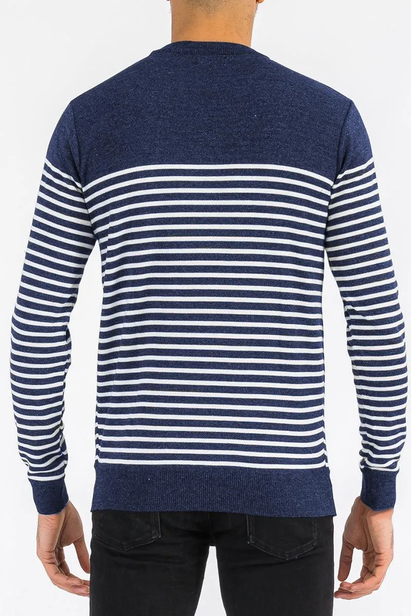 Mens Full Knit Pullover Sweater Navy Blue Striped