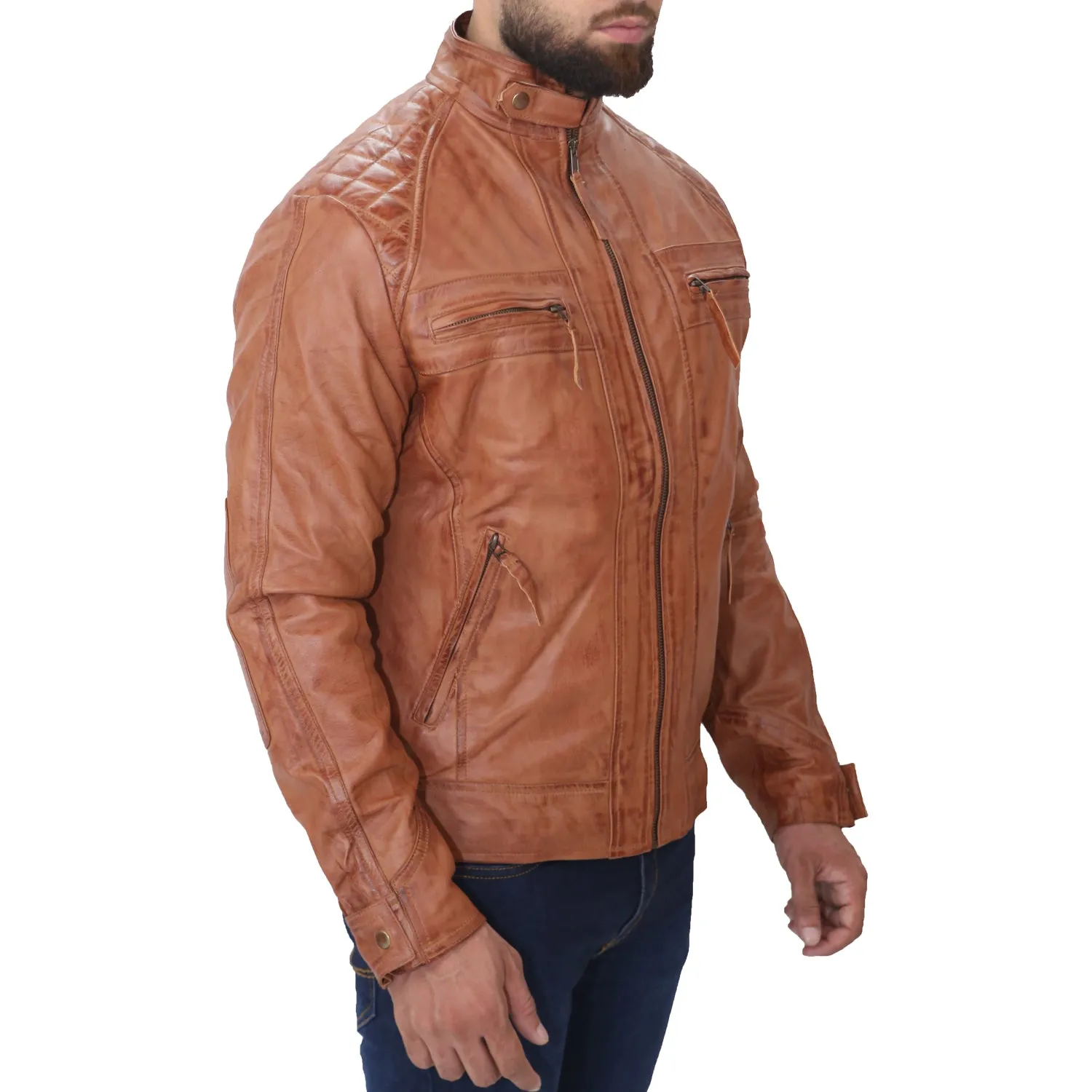 Men's Tan Biker Fashion Slim Fit Pure Leather Jacket