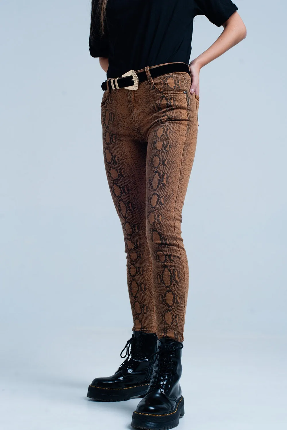 Orange Skinny Pants in Snake Print