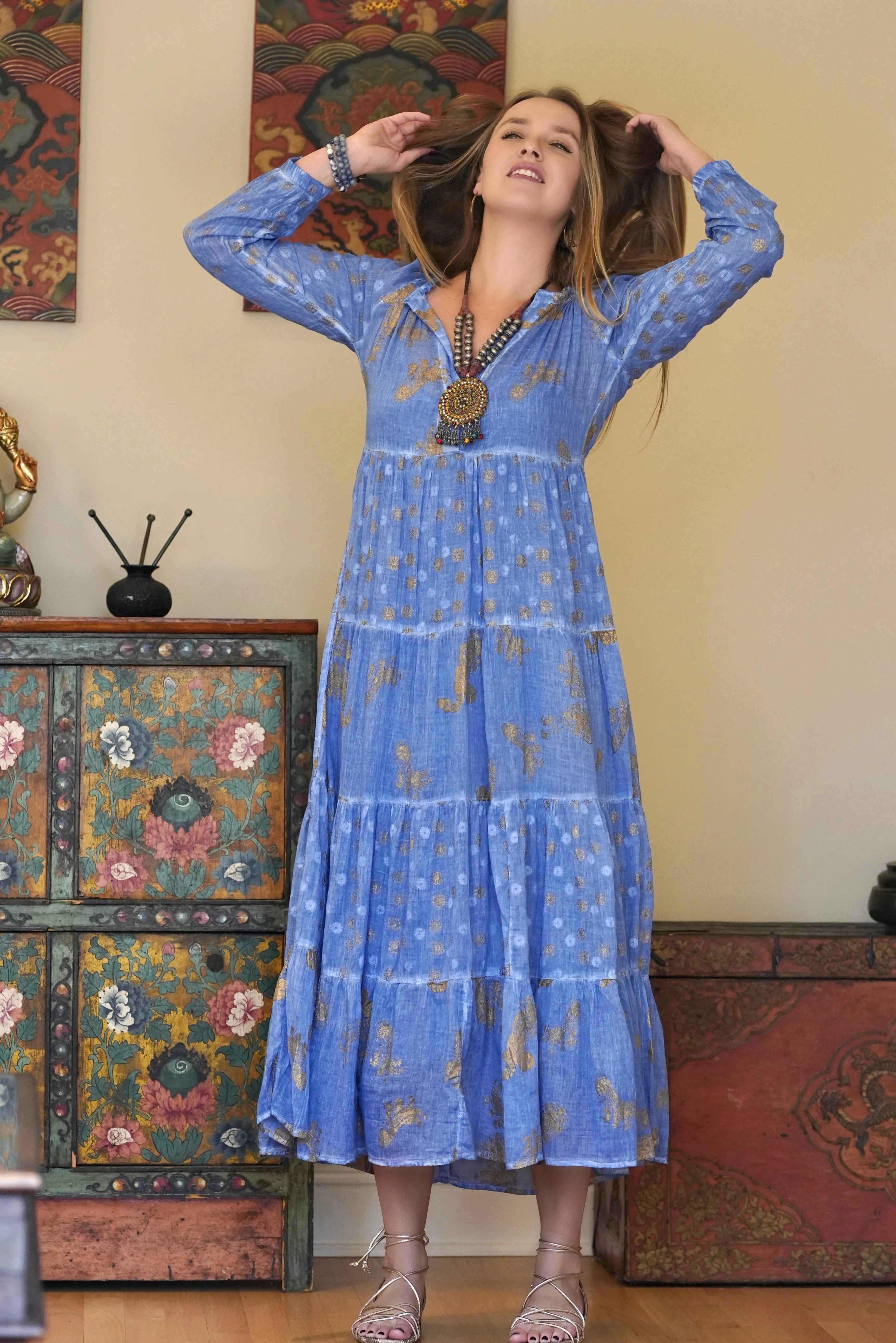 Pamo Tiered Maxi Dress Blue