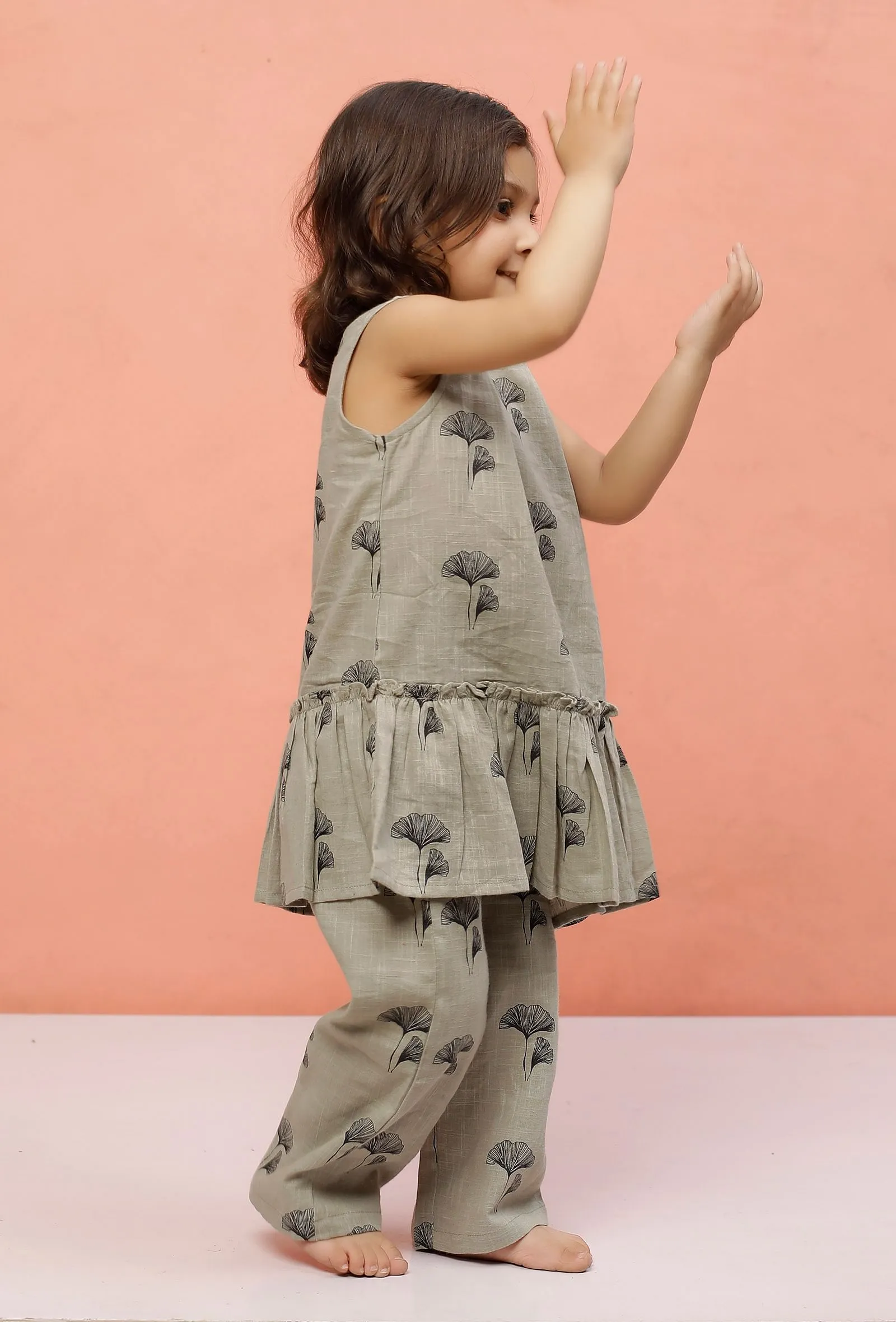 Set of 2 : Grey Cotton Slub Block Printed Gathered Short Kurta and Printed Pants