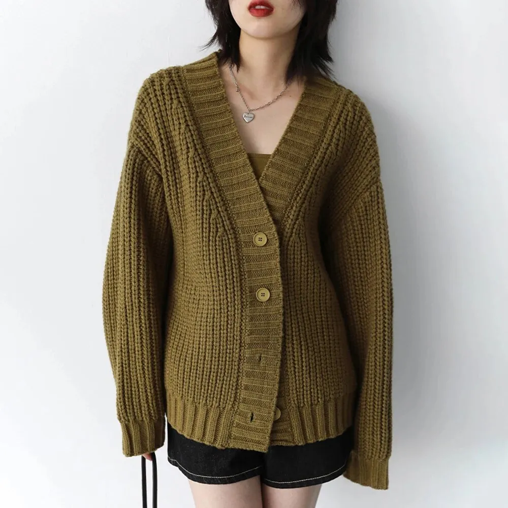 Solid Casual Knitting Sweaters For Women V Neck Long Sleeves Patchwork Button Minimalist Sweater Female Fashion