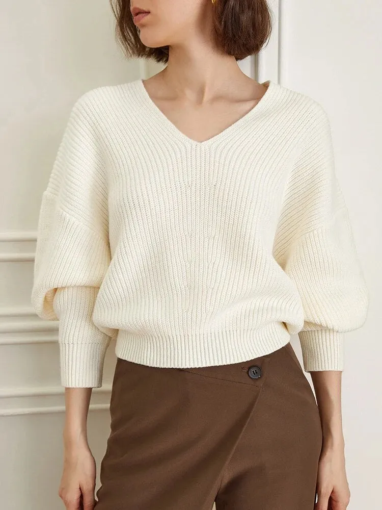 Solid Loose Knitting Sweaters For Women V Neck Long Sleeve Minimalist Casual Pullover Sweater Female Fashion