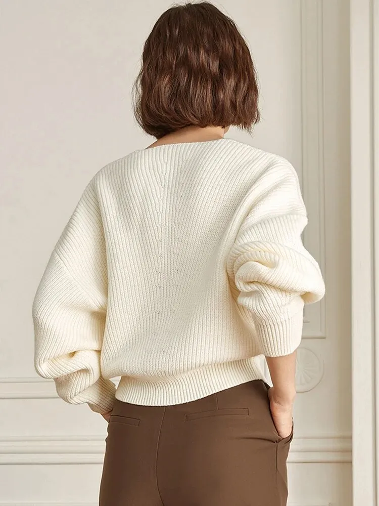 Solid Loose Knitting Sweaters For Women V Neck Long Sleeve Minimalist Casual Pullover Sweater Female Fashion