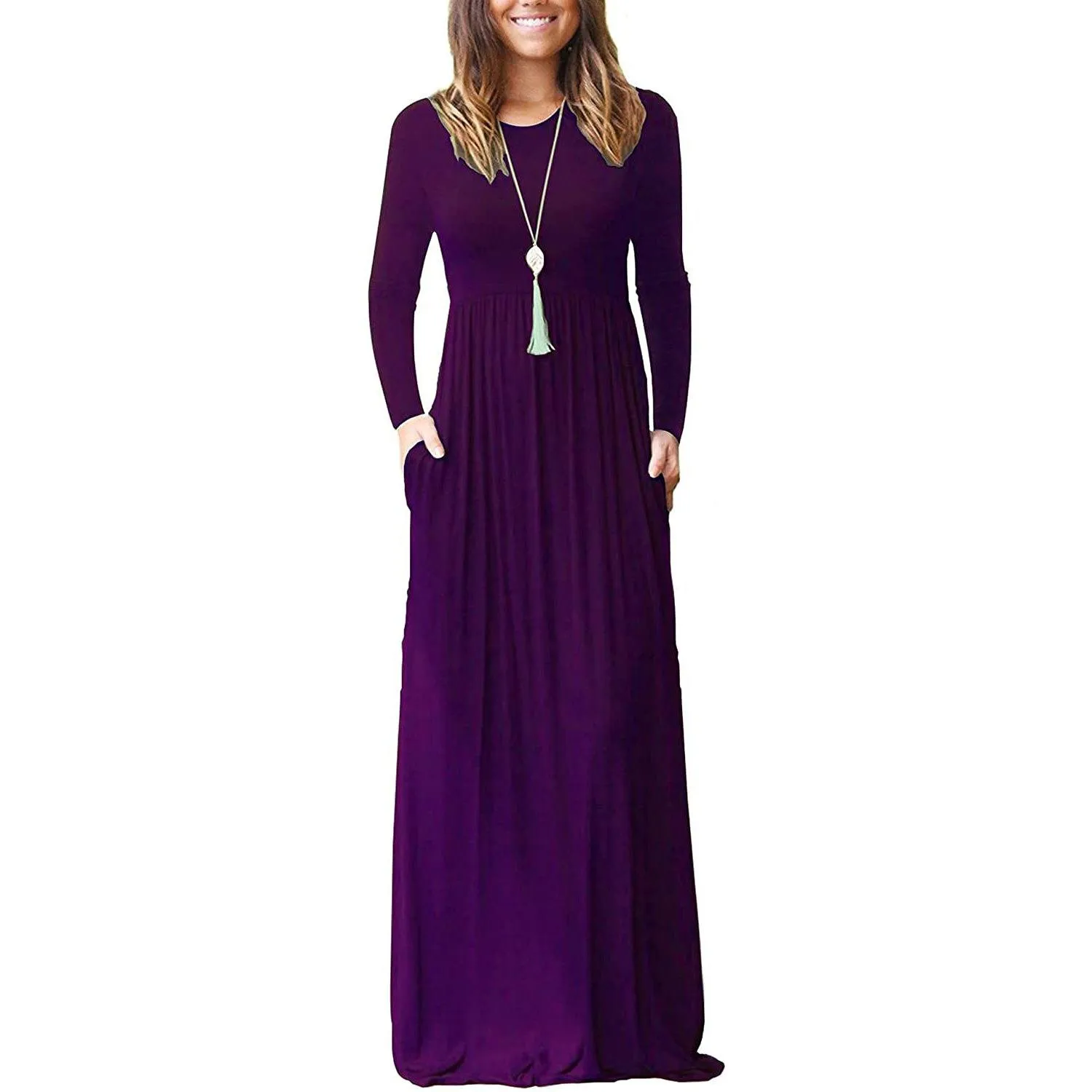 TastyHottie - Women Long Sleeve Loose Plain Maxi Dresses Casual Long Dresses with Pockets