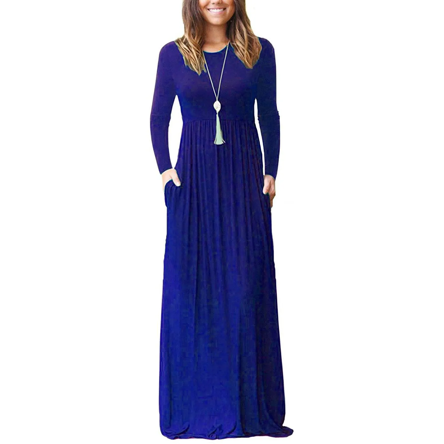 TastyHottie - Women Long Sleeve Loose Plain Maxi Dresses Casual Long Dresses with Pockets