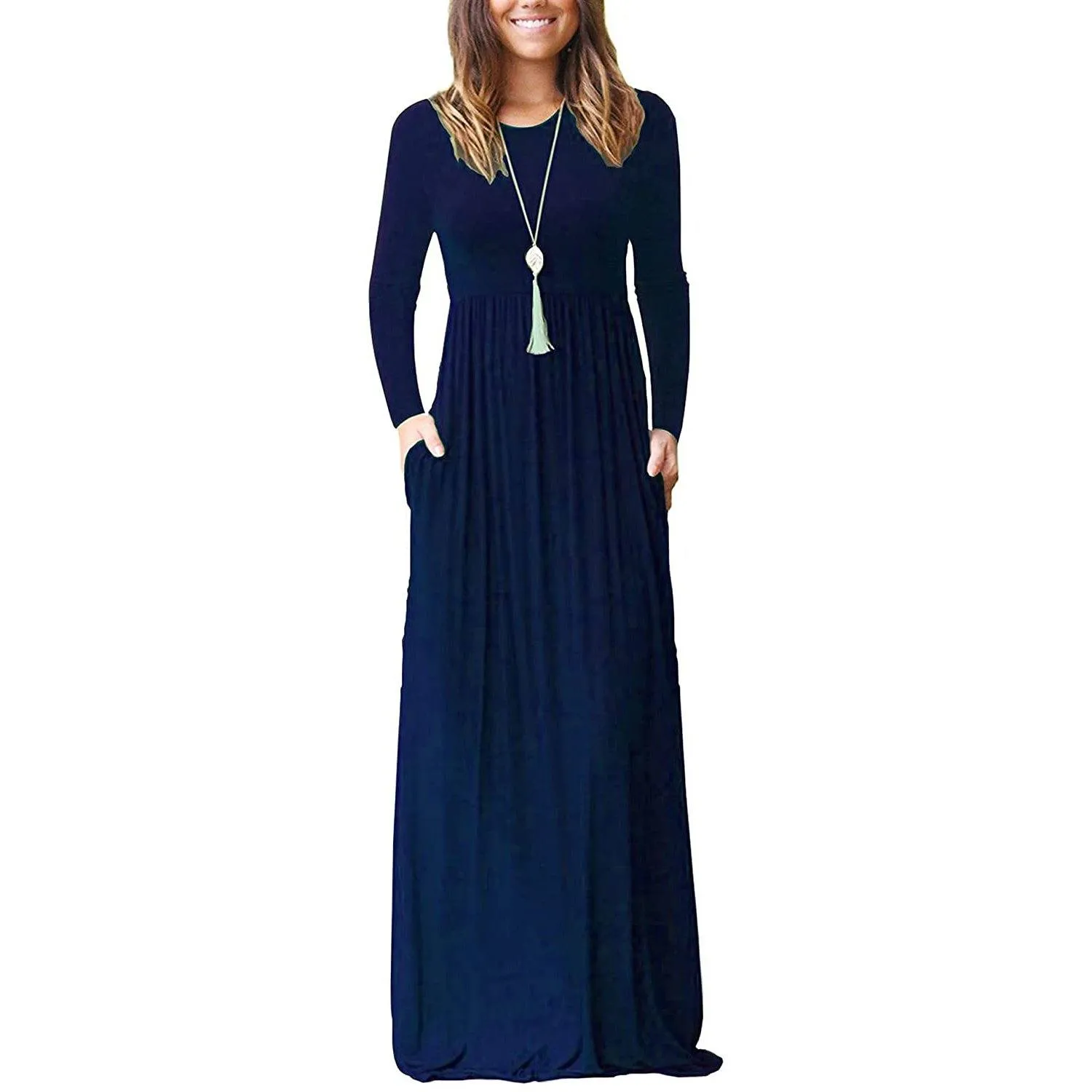 TastyHottie - Women Long Sleeve Loose Plain Maxi Dresses Casual Long Dresses with Pockets