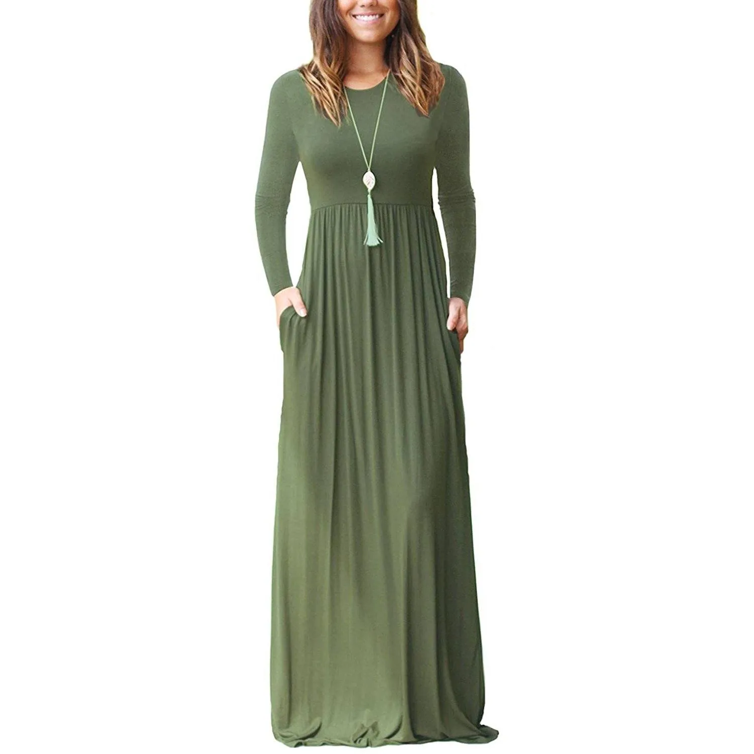 TastyHottie - Women Long Sleeve Loose Plain Maxi Dresses Casual Long Dresses with Pockets