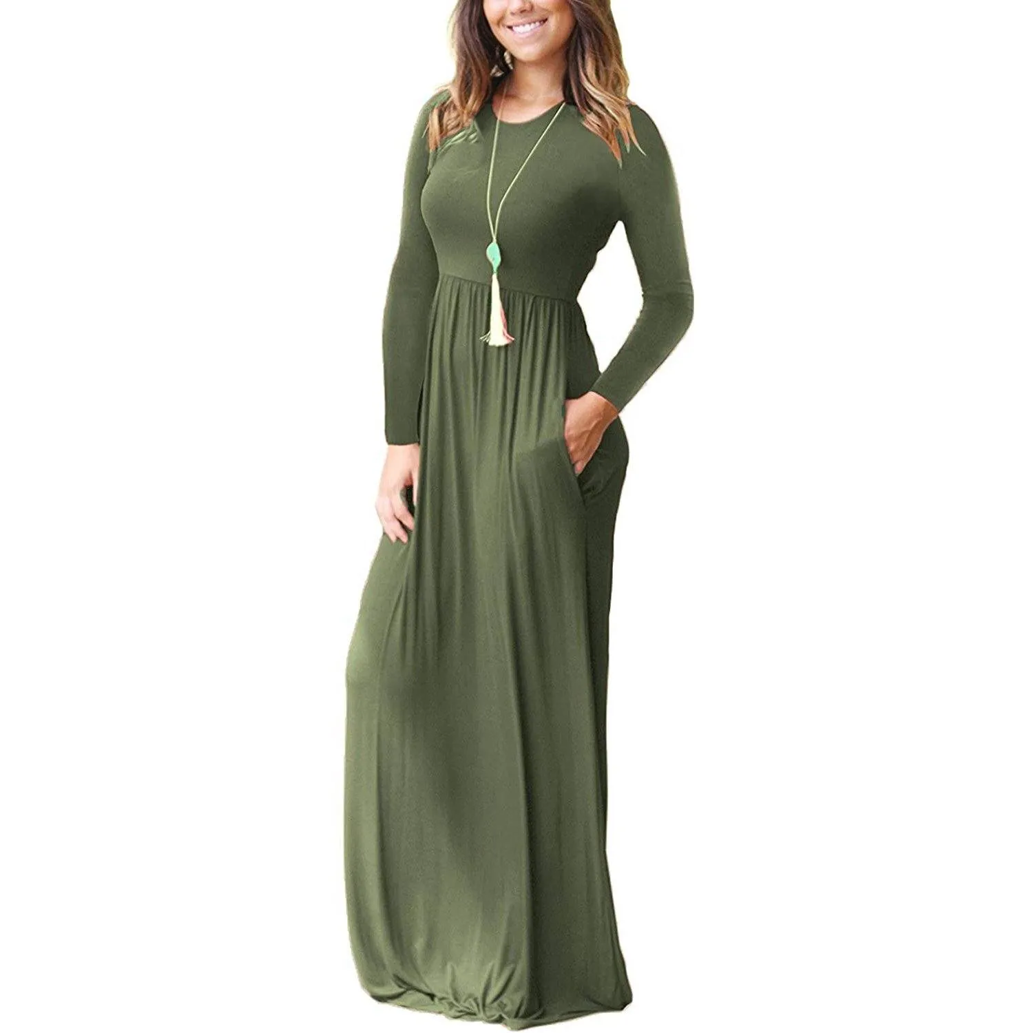 TastyHottie - Women Long Sleeve Loose Plain Maxi Dresses Casual Long Dresses with Pockets