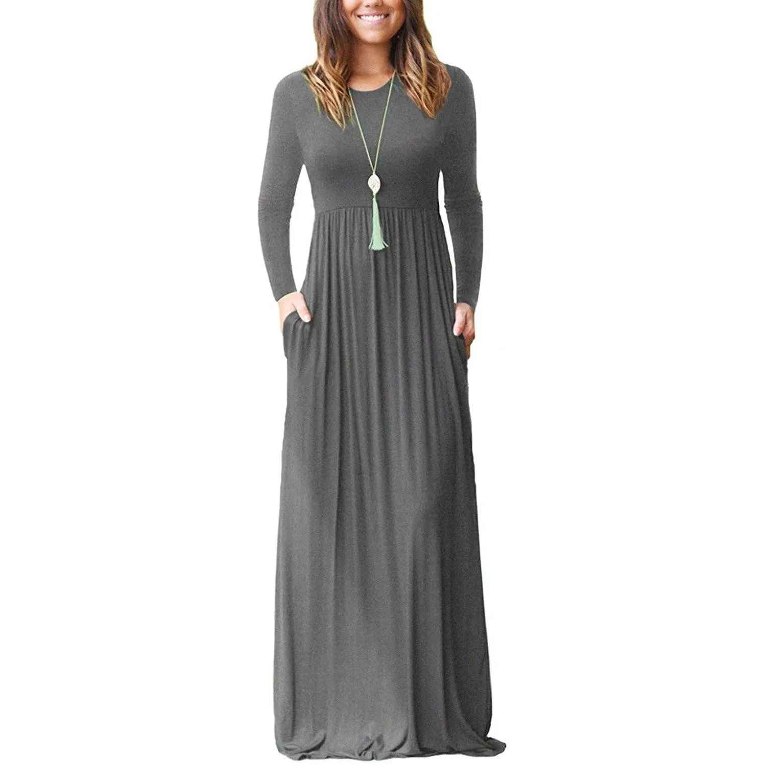 TastyHottie - Women Long Sleeve Loose Plain Maxi Dresses Casual Long Dresses with Pockets