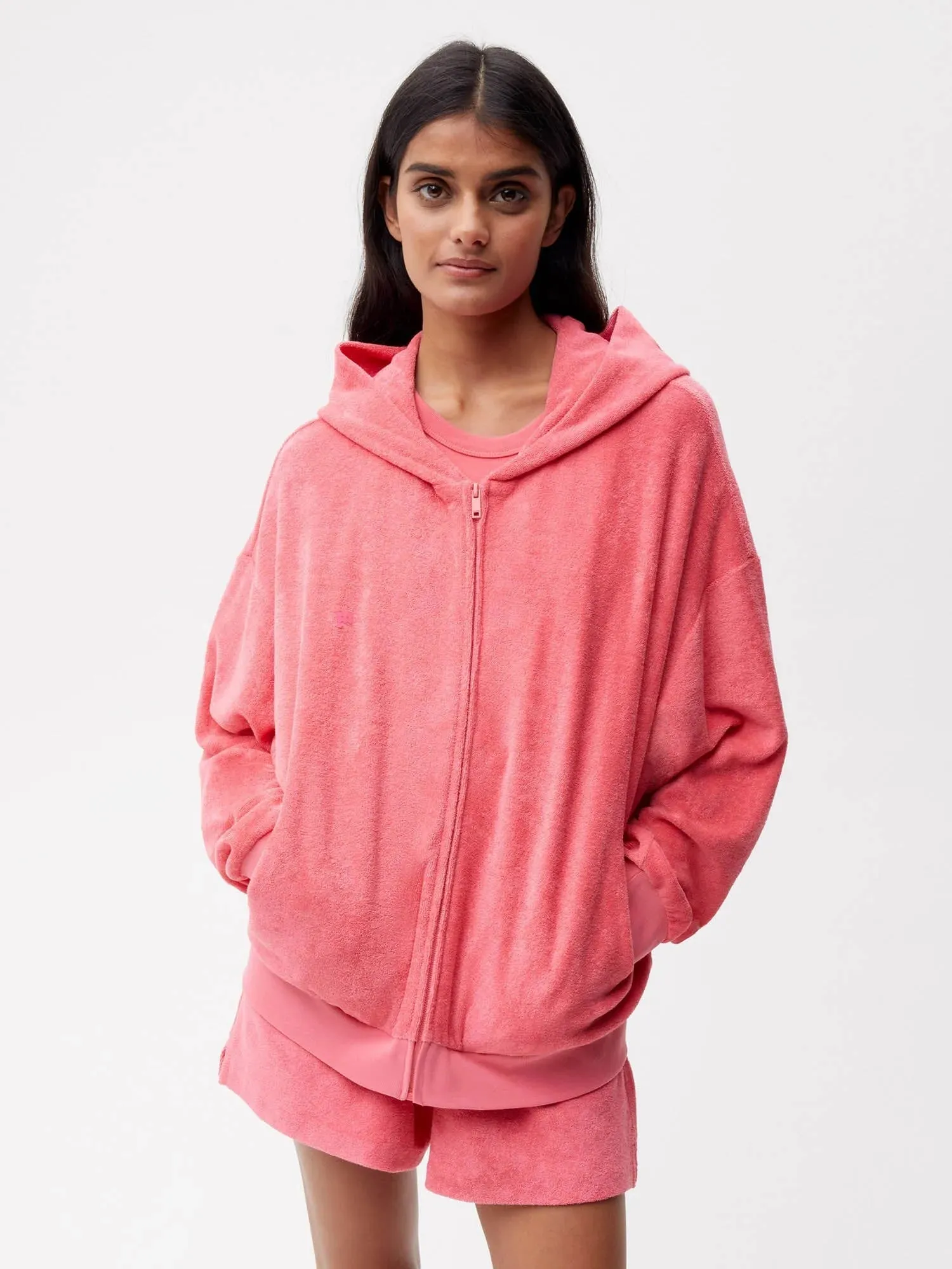 Towelling Zipped Hoodie—lotus pink