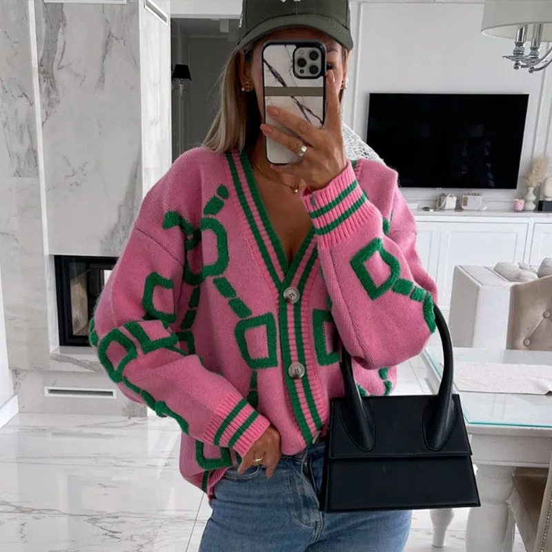 Wenkouban Back To School Women Cardigan Green Striped Pink Knit Button Lady Cardigans Sweaters V-Neck Loose Casual Winter Fashion Knitted Coat