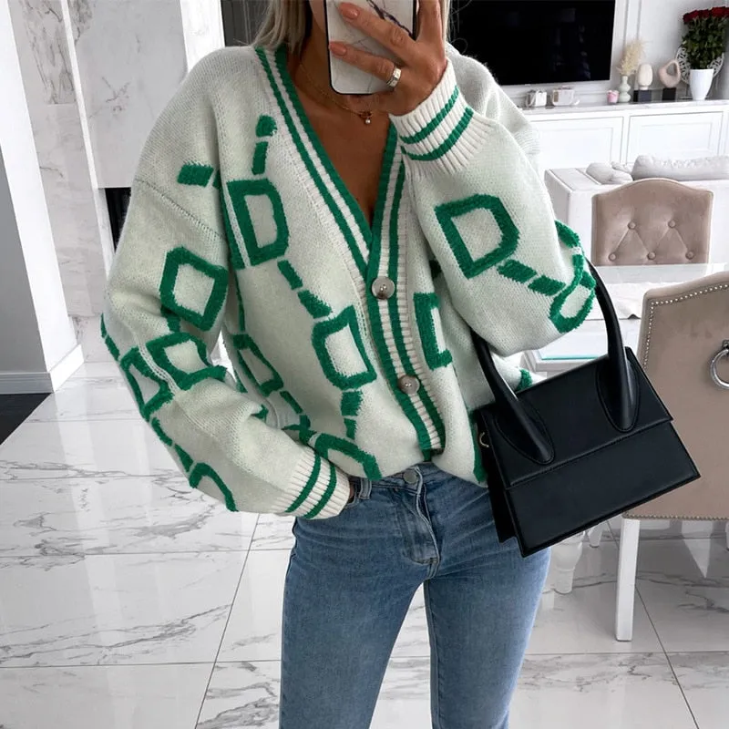 Wenkouban Back To School Women Cardigan Green Striped Pink Knit Button Lady Cardigans Sweaters V-Neck Loose Casual Winter Fashion Knitted Coat