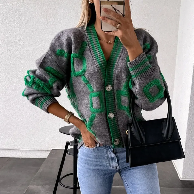 Wenkouban Back To School Women Cardigan Green Striped Pink Knit Button Lady Cardigans Sweaters V-Neck Loose Casual Winter Fashion Knitted Coat