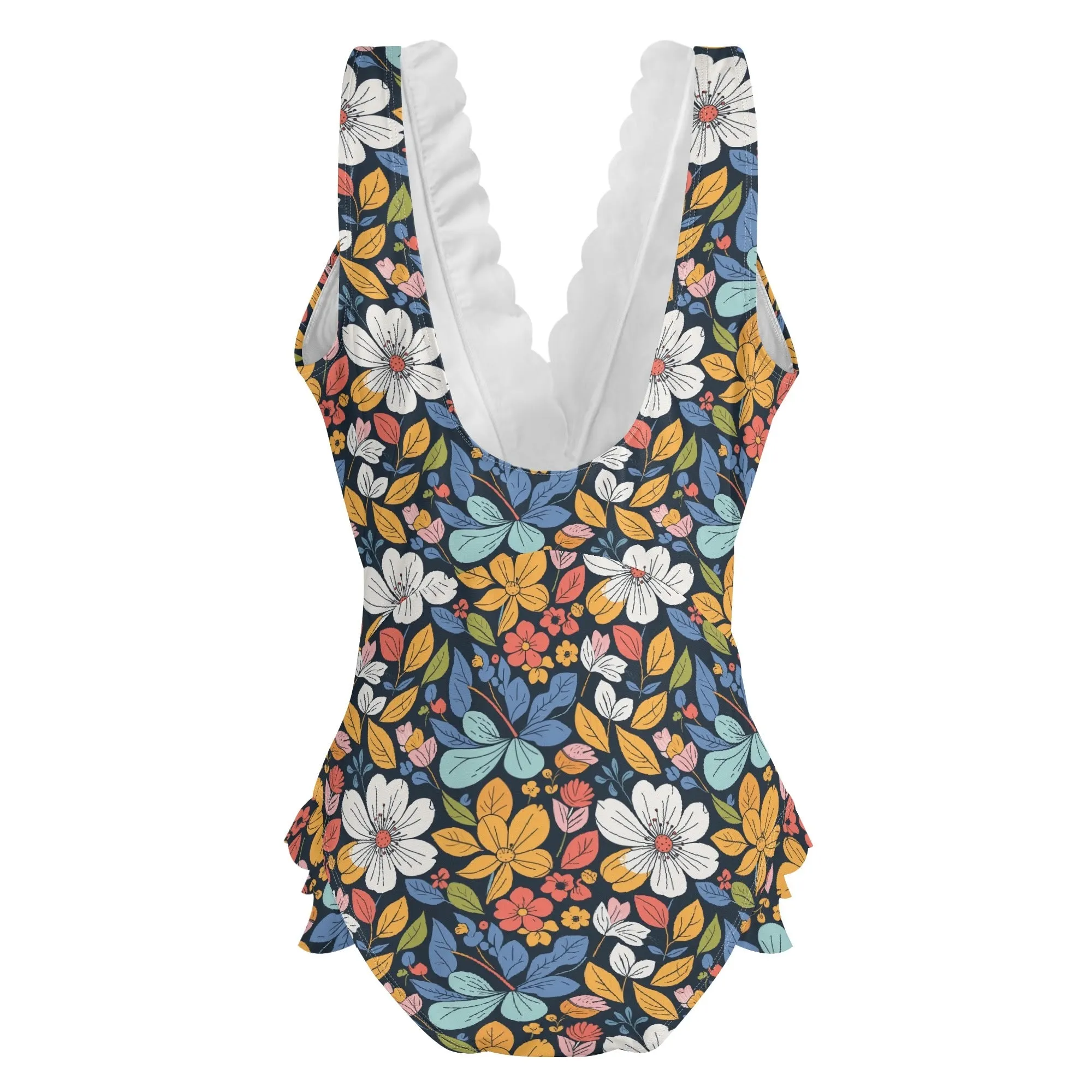 Womens Bright Flowers Ruffle Edge Cross-Front One Piece Swimsuit Bathing Suit