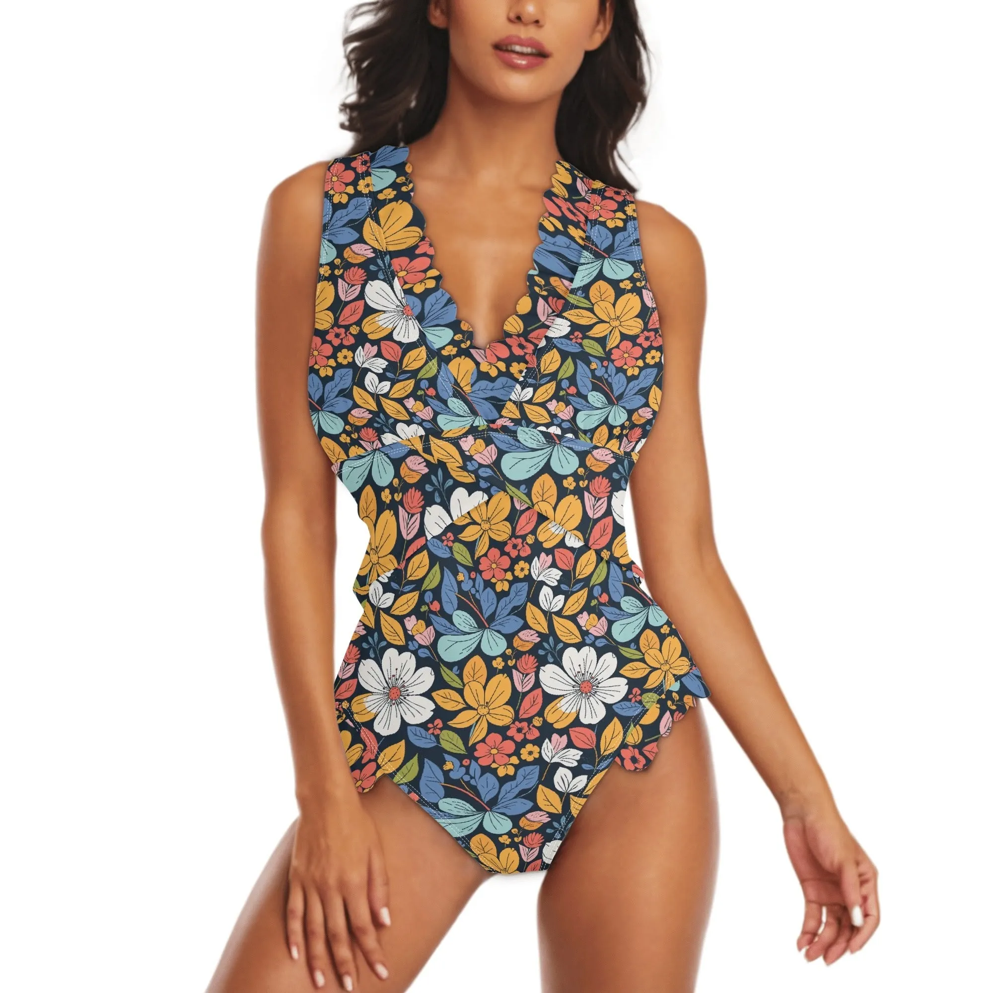 Womens Bright Flowers Ruffle Edge Cross-Front One Piece Swimsuit Bathing Suit