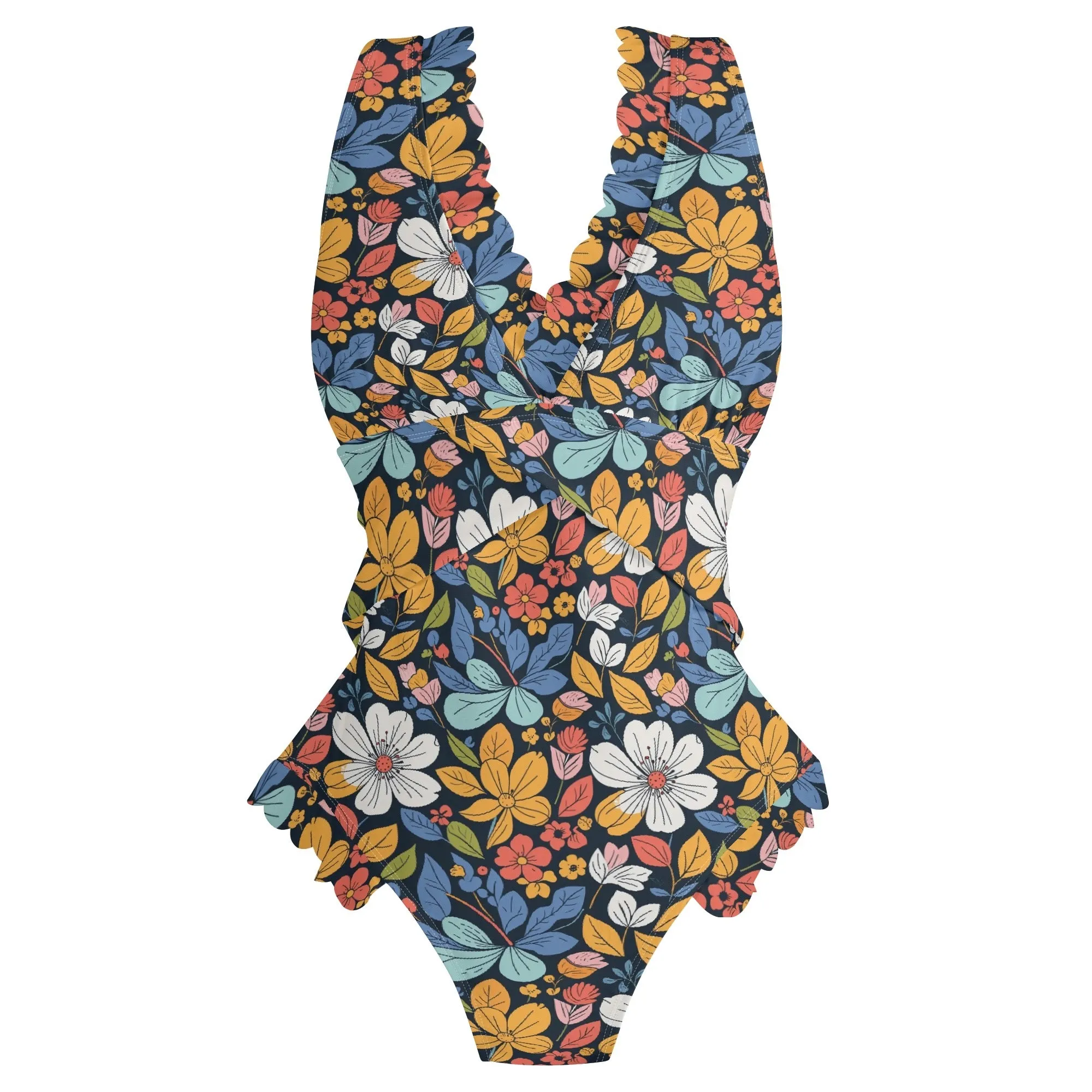 Womens Bright Flowers Ruffle Edge Cross-Front One Piece Swimsuit Bathing Suit