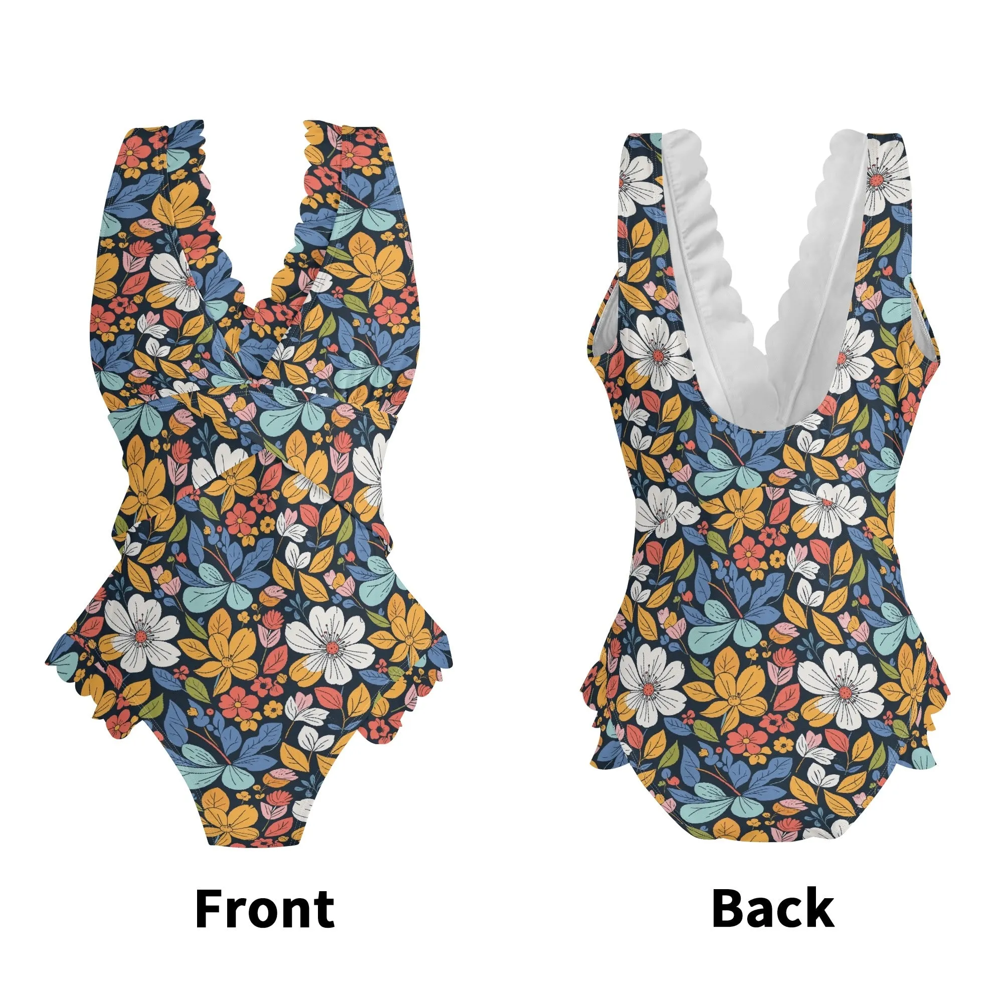 Womens Bright Flowers Ruffle Edge Cross-Front One Piece Swimsuit Bathing Suit