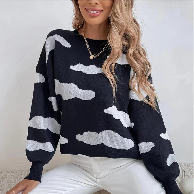 Women's Fashion Long Sleeve Round Neck Color Clash Jacquard Sweater