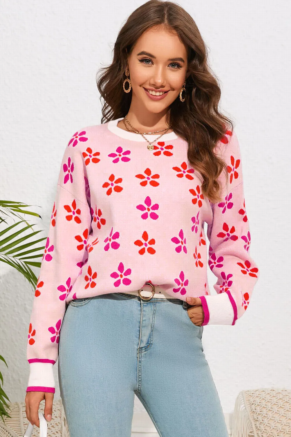 Women's Flower Print Relaxed Fit Jumper