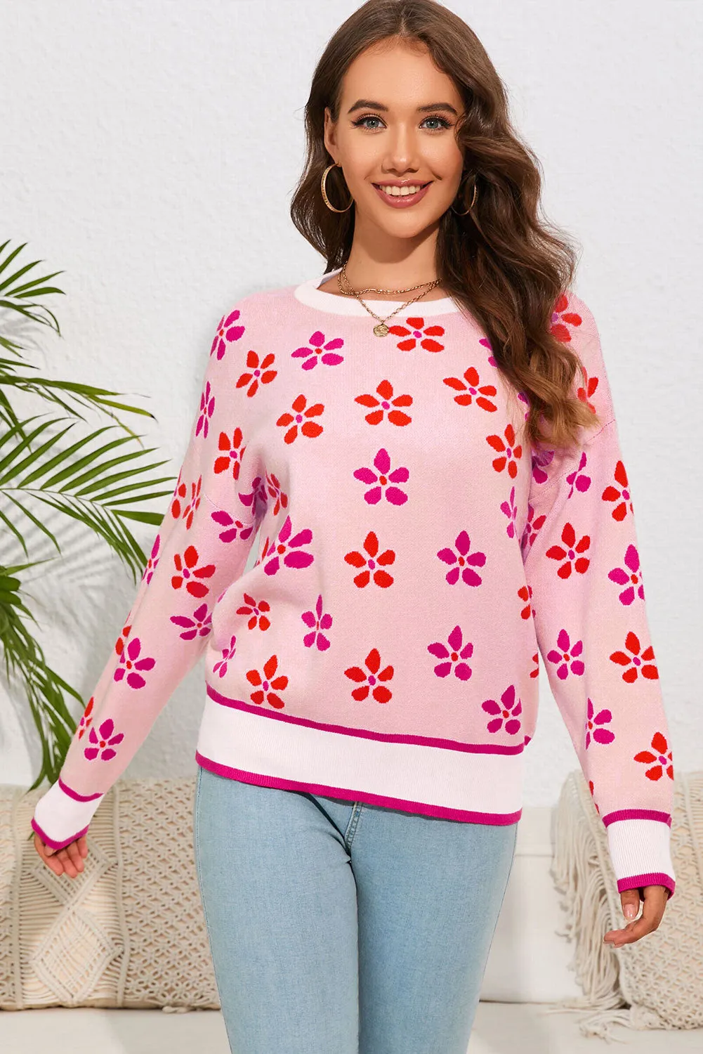 Women's Flower Print Relaxed Fit Jumper