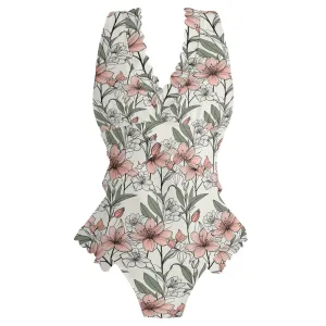 Womens Japan Floral Ruffle Edge Cross-Front One Piece Swimsuit Bathing Suit