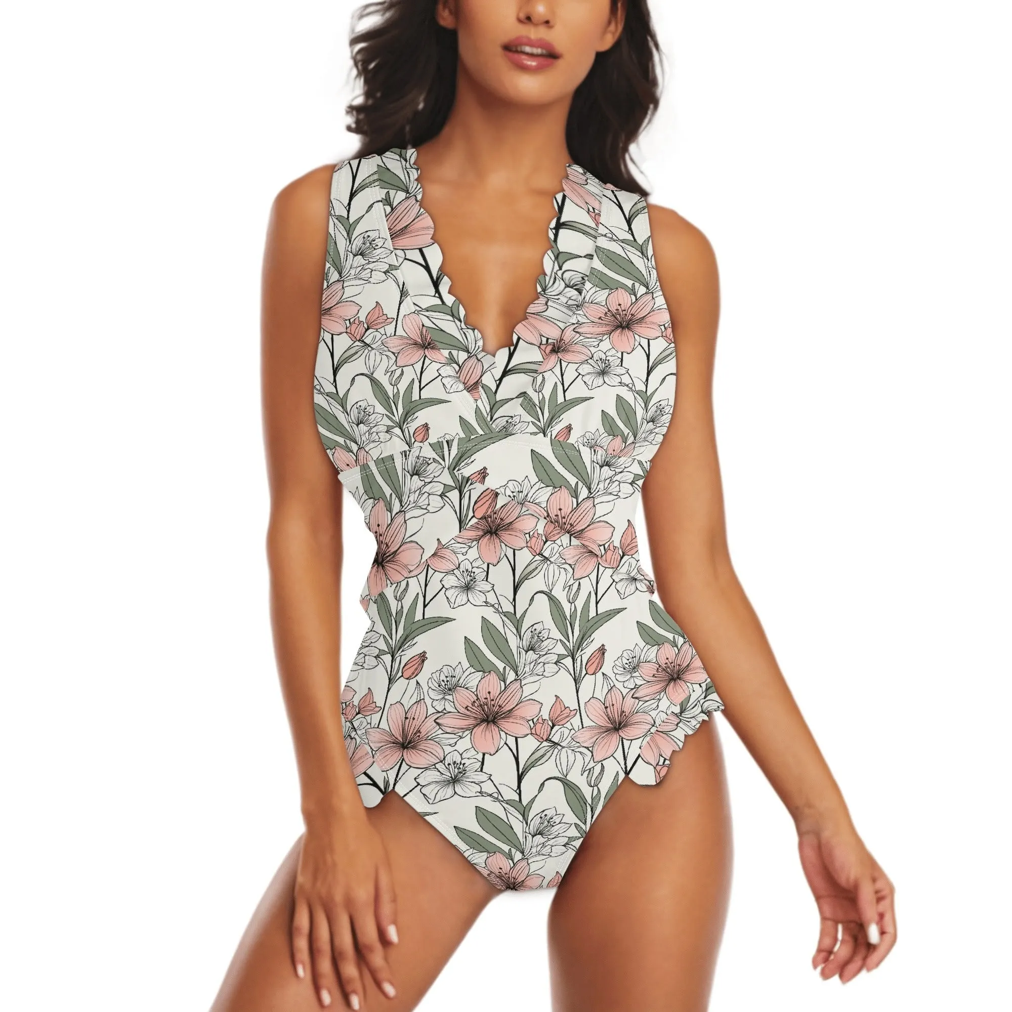 Womens Japan Floral Ruffle Edge Cross-Front One Piece Swimsuit Bathing Suit