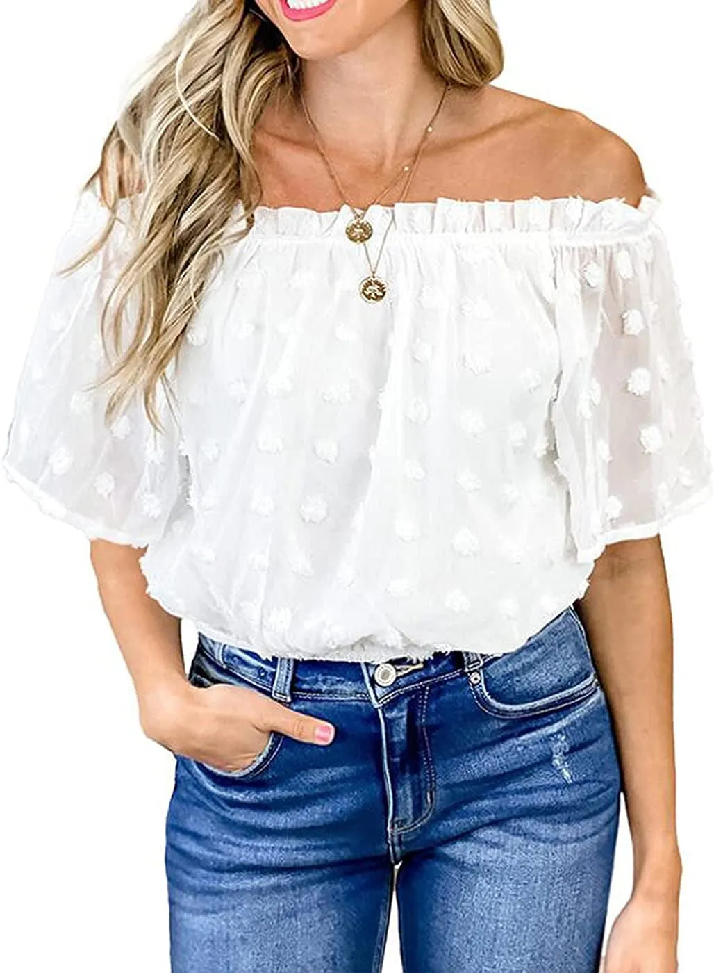 Women's Peasant Blouse off Shoulder Ruffle Shirts Boho Short Sleeve Smocked Top