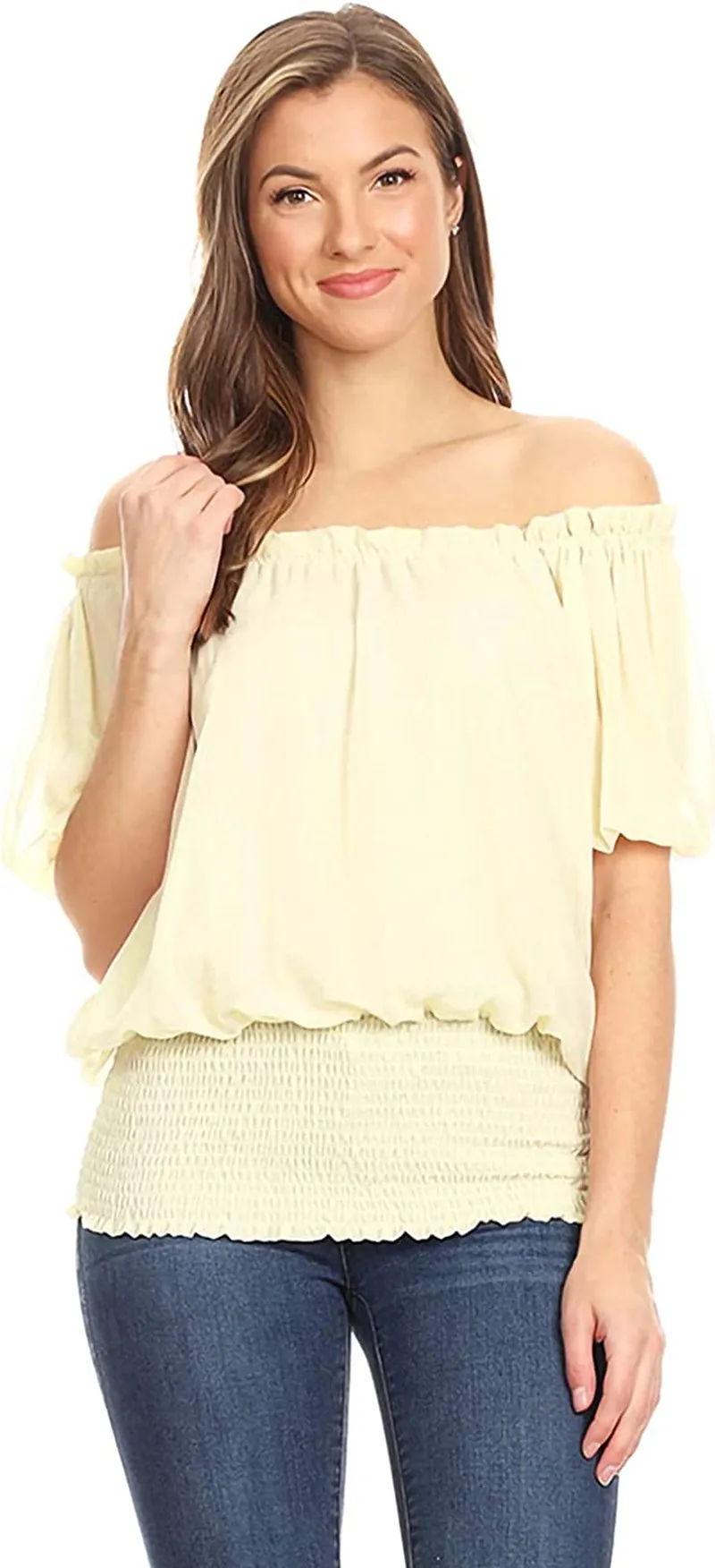 Women's Peasant Blouse off Shoulder Ruffle Shirts Boho Short Sleeve Smocked Top