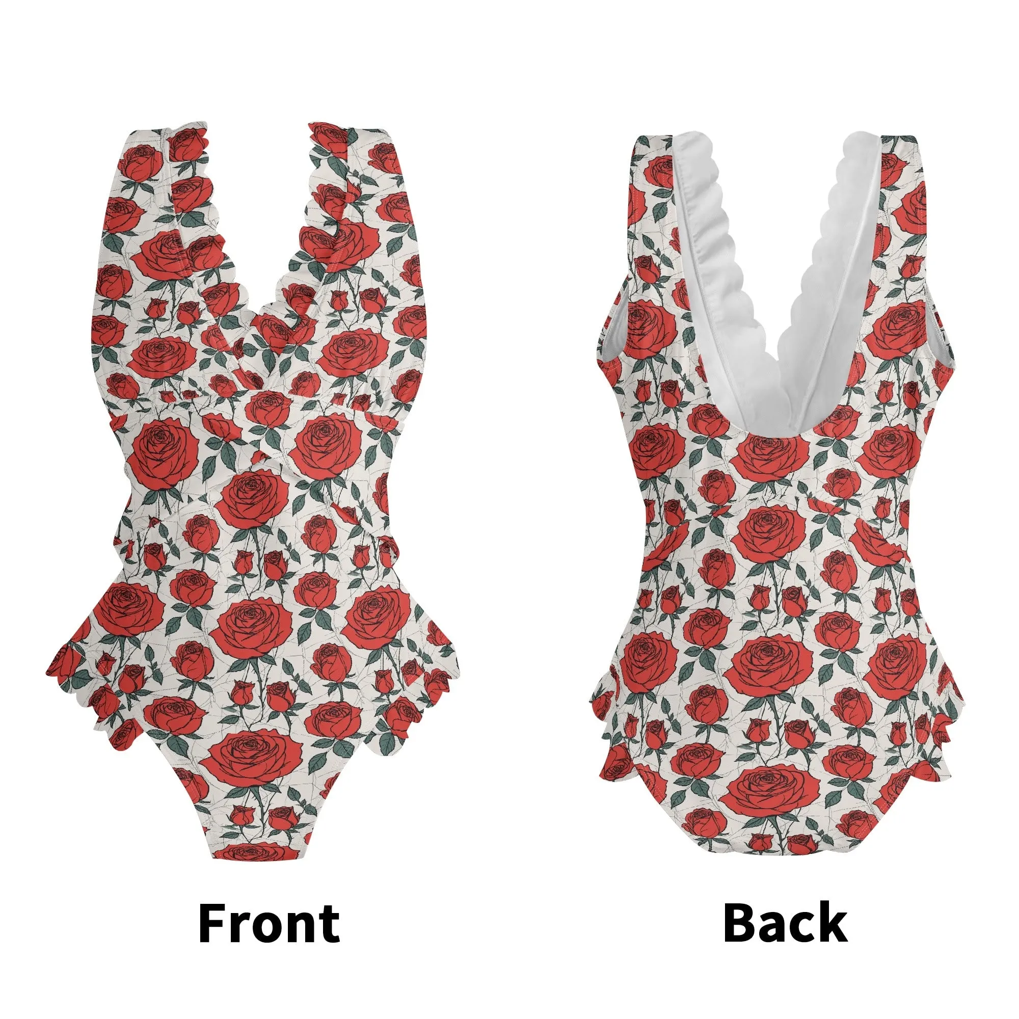 Womens Red Roses Ruffle Edge Cross-Front One Piece Swimsuit Bathing Suit