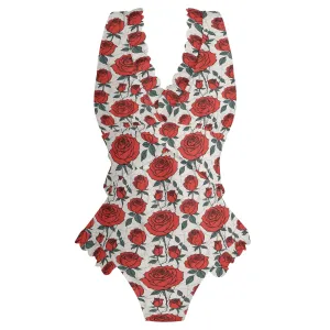 Womens Red Roses Ruffle Edge Cross-Front One Piece Swimsuit Bathing Suit