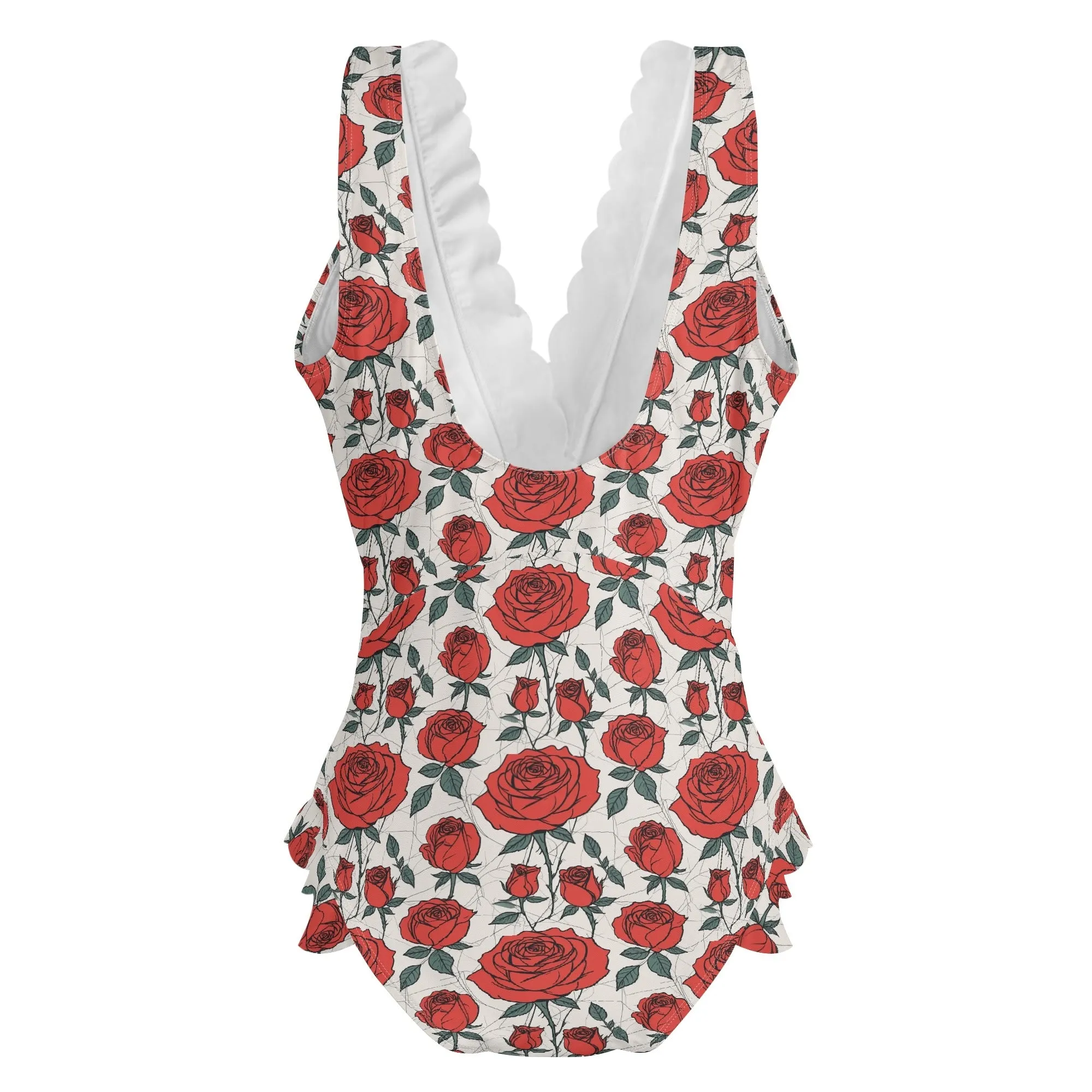 Womens Red Roses Ruffle Edge Cross-Front One Piece Swimsuit Bathing Suit