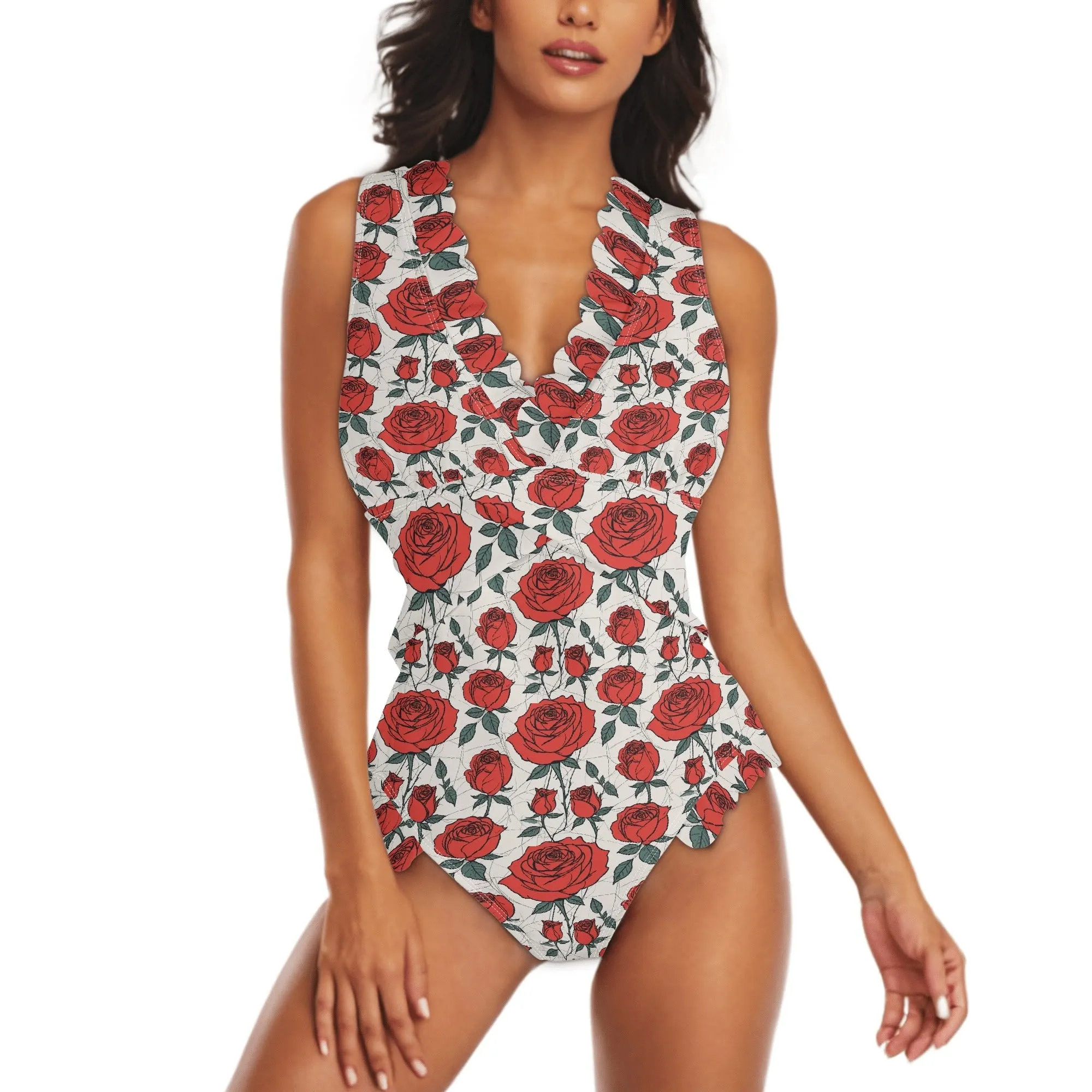 Womens Red Roses Ruffle Edge Cross-Front One Piece Swimsuit Bathing Suit