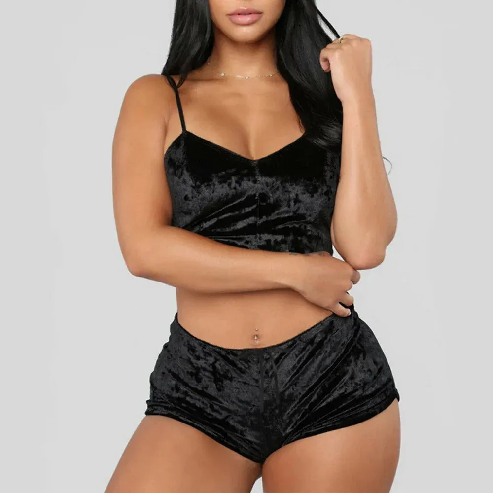 Women's Velvet Sleeveless V-neck Underwear Polyester Setcamisole shorts Pajamas Set Comfortable Home Clothes Top Pants