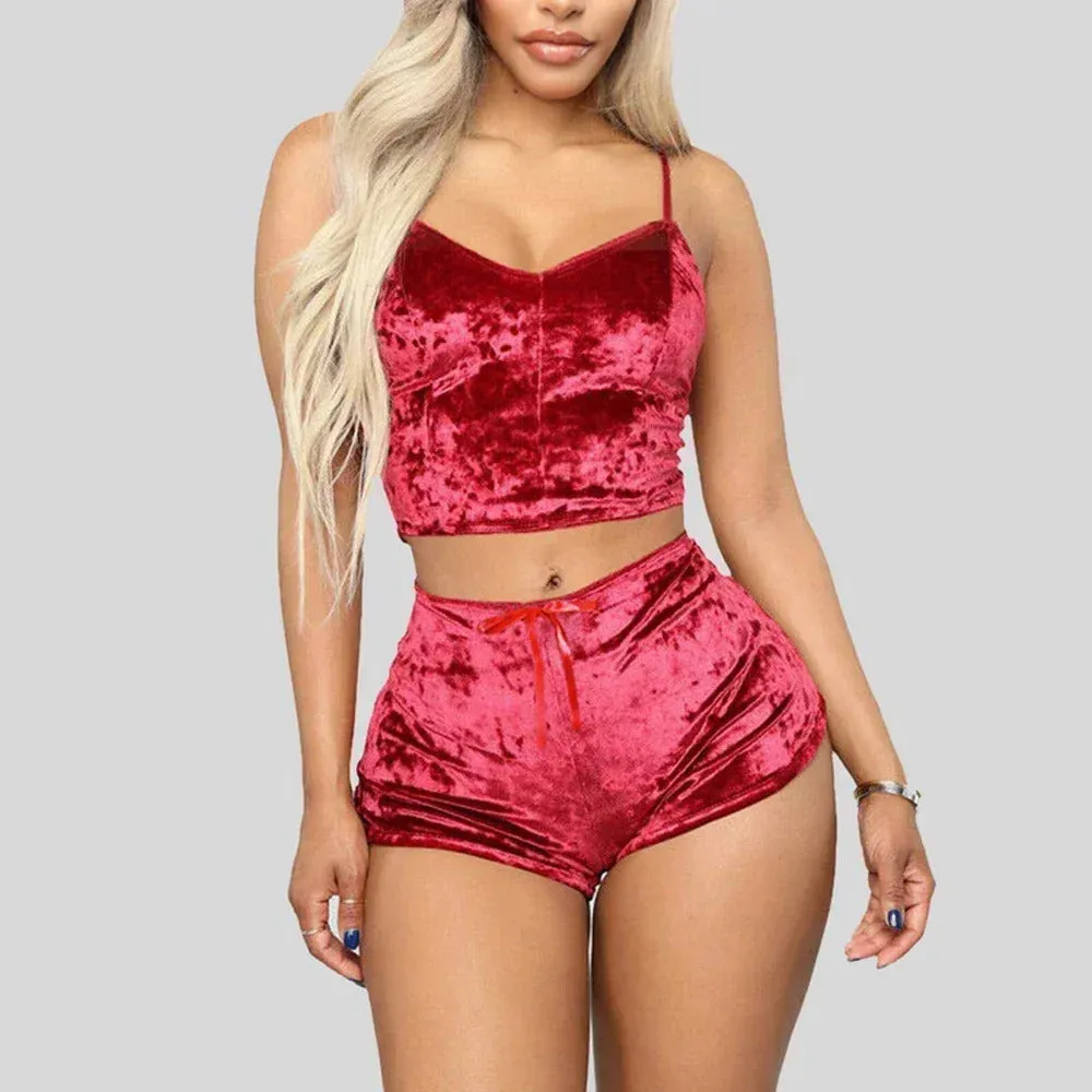 Women's Velvet Sleeveless V-neck Underwear Polyester Setcamisole shorts Pajamas Set Comfortable Home Clothes Top Pants