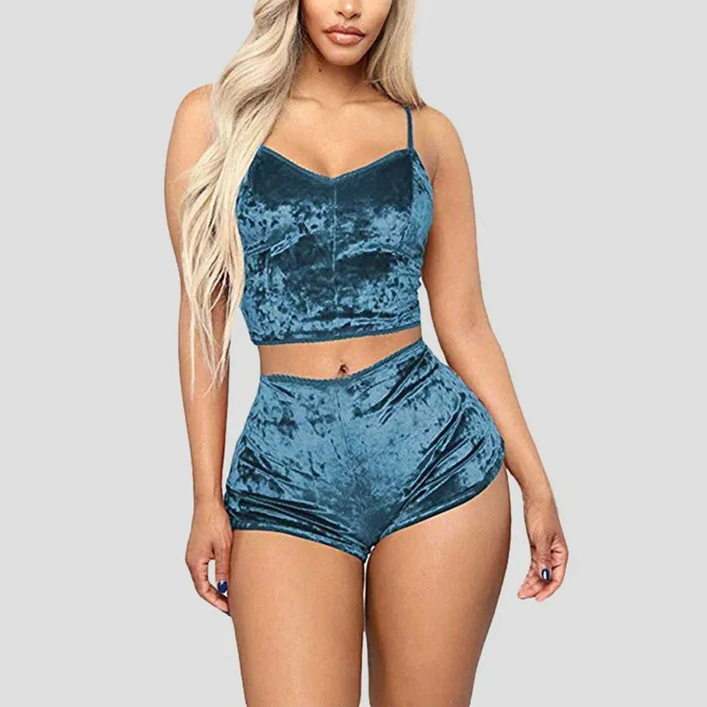 Women's Velvet Sleeveless V-neck Underwear Polyester Setcamisole shorts Pajamas Set Comfortable Home Clothes Top Pants