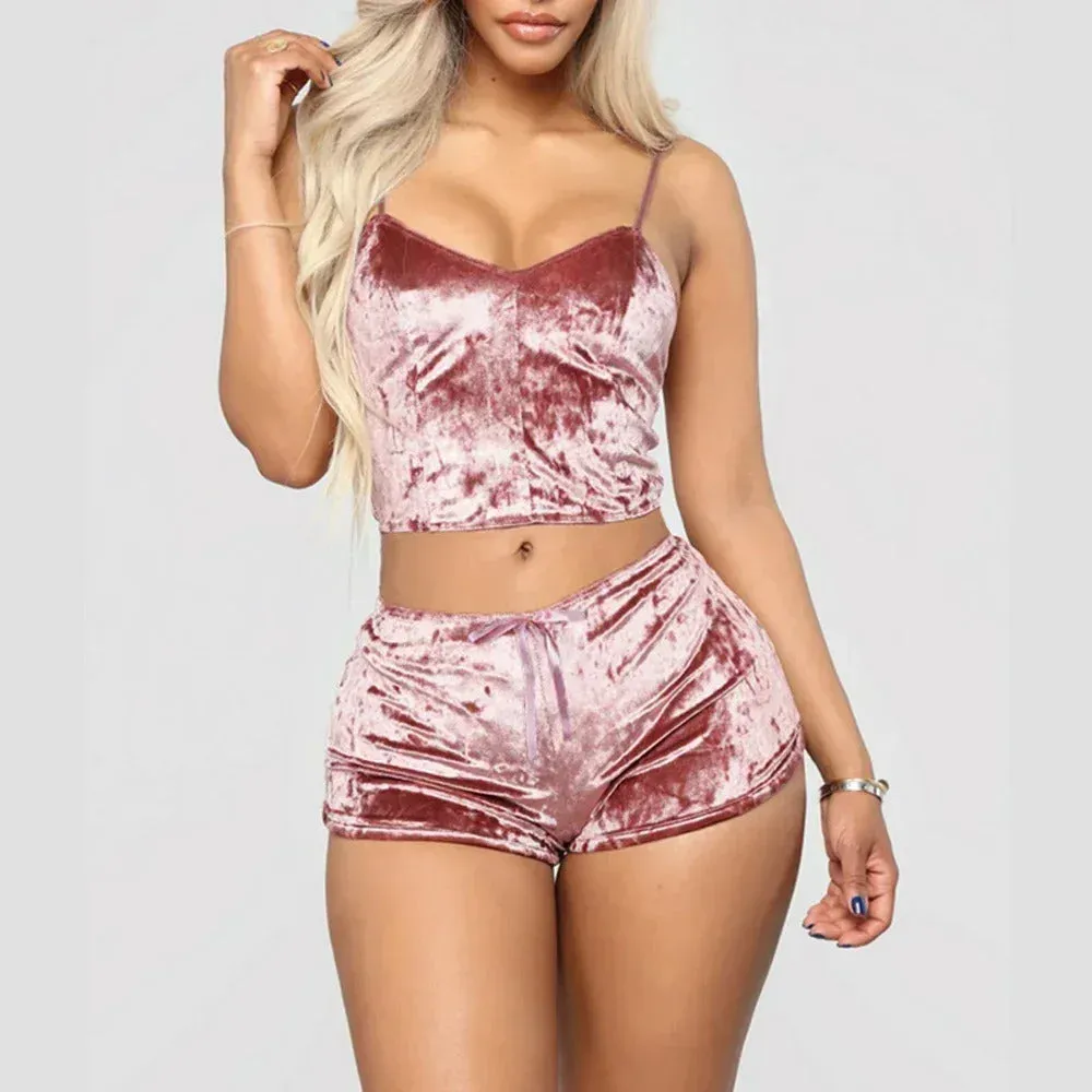 Women's Velvet Sleeveless V-neck Underwear Polyester Setcamisole shorts Pajamas Set Comfortable Home Clothes Top Pants